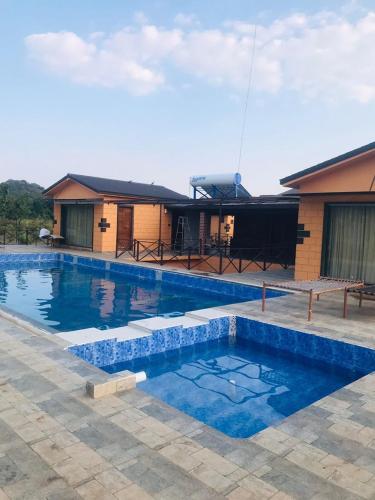 a large swimming pool in front of a house at Whispering Woods Chalet in Sasan Gir