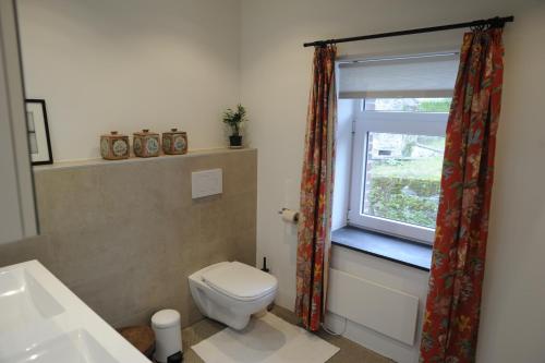 a bathroom with a toilet and a window at La ferme aux oiseaux B&B in Beaumont