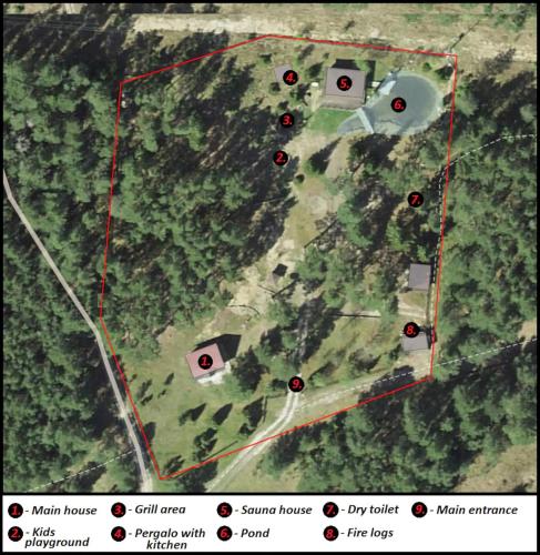 a map of a park with buildings and red lines at My little happy place in Undva