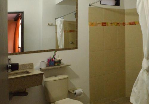 ein Badezimmer mit einem WC, einem Waschbecken und einem Spiegel in der Unterkunft Hotel San Fermin Pereira in Pereira