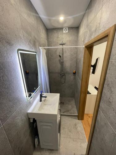 een badkamer met een wastafel en een douche bij Airport Apartment 29 Self Check-In Free parking in Vilnius