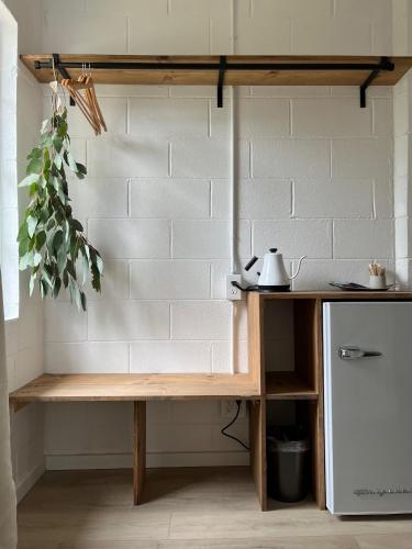 a table in a kitchen with a plant on it at Triangle Motel in Red Bluff