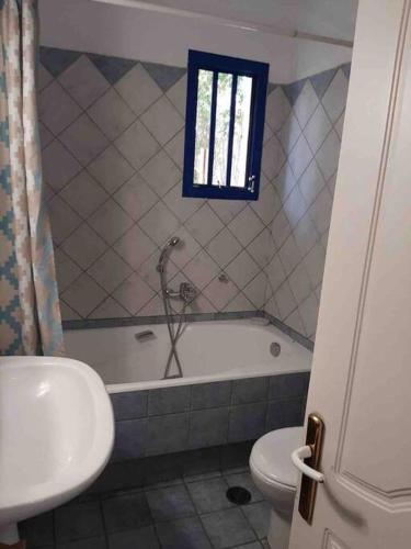 a bathroom with a tub and a toilet and a sink at Naxian Sofias garden in Naxos Chora