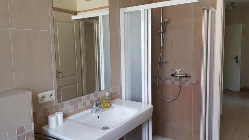 a bathroom with a sink and a shower with a mirror at Strandküsschen in Kühlungsborn