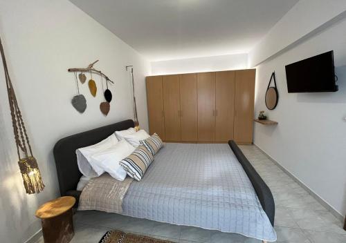 1 dormitorio con 1 cama y TV en la pared en Swallow's Nest Apartment, en Paradeísion