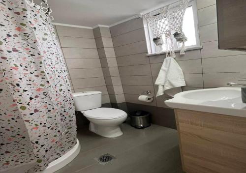 a bathroom with a toilet and a sink and a shower curtain at Swallow's Nest Apartment in Paradeísion