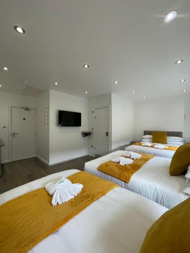 a room with three beds and a flat screen tv at Araan House Hotel -Families and Couples Only in Blackpool