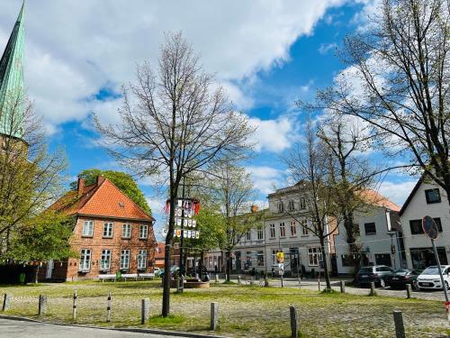 een straat in een stad met gebouwen en bomen bij kleine Fine in Lübeck