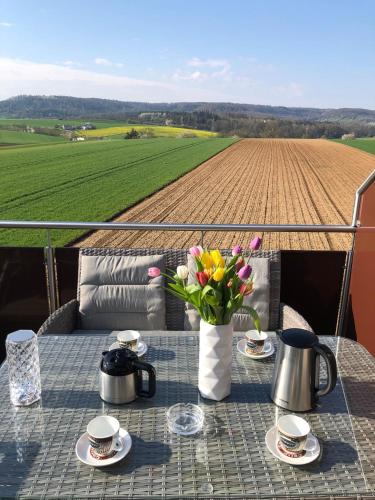 a table with a vase of flowers and a field at Moderne Neubauwohnung mit Panoramablick in Neuenstadt am Kocher