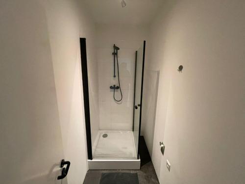 y baño con ducha y espejo. en Berlinhome Apartment Köpenick, en Berlín