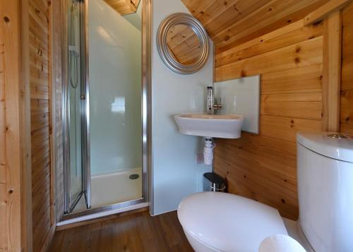Un baño con inodoro, ducha y lavabo. en Leven View Lodges - Carness, en Fort William