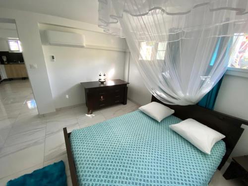 a bedroom with a bed with a curtain and a table at Plézi location F2 au bord de l'eau, Trois-Ilets in Les Trois-Îlets