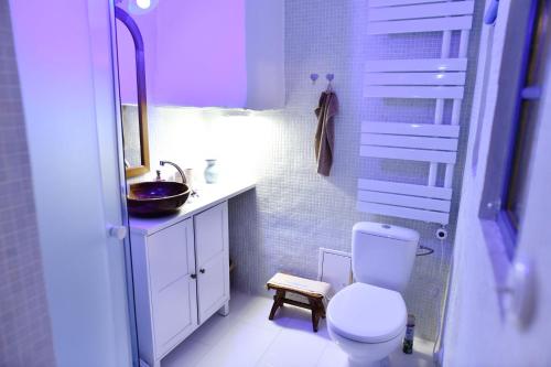 La salle de bains est pourvue de toilettes blanches et d'un lavabo. dans l'établissement Ubytovanie na dedine, à Veľká Chocholná