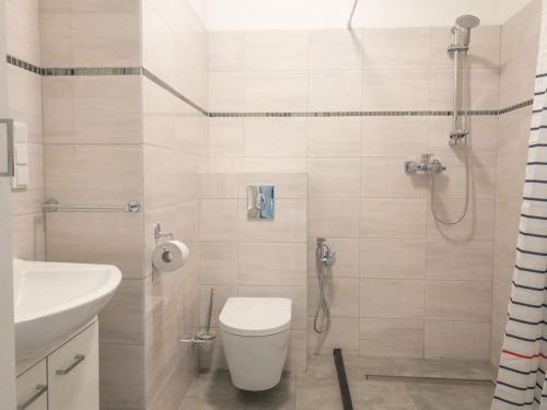 y baño con ducha, aseo y lavamanos. en Semafor, en Olsztyn