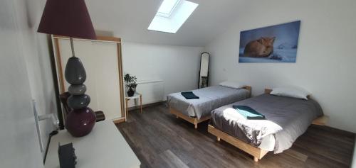 a bedroom with two beds and a mirror at Duplex proche de Genève et du lac léman in Veigy-Foncenex