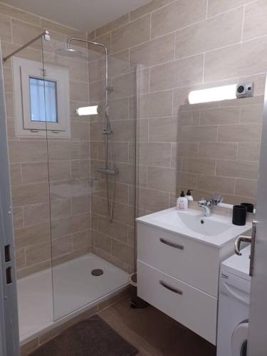 a bathroom with a shower and a sink and a toilet at Appartement 60m2 lumineux in Avignon