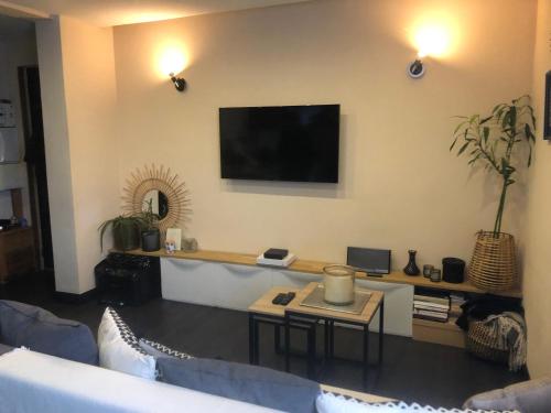 un salon avec un canapé et une télévision sur un mur dans l'établissement Appartement au pays du Mont-Blanc, à Sallanches