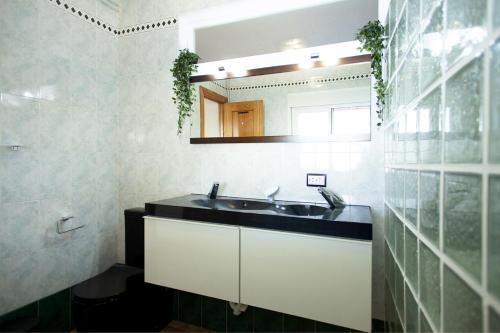 uma casa de banho com um lavatório e um espelho em 3 bedrooms villa with private pool enclosed garden and wifi at Linares em Jaén
