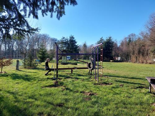 a boy is sitting on a playground in a park at Natuurchalet de Das in Wehl