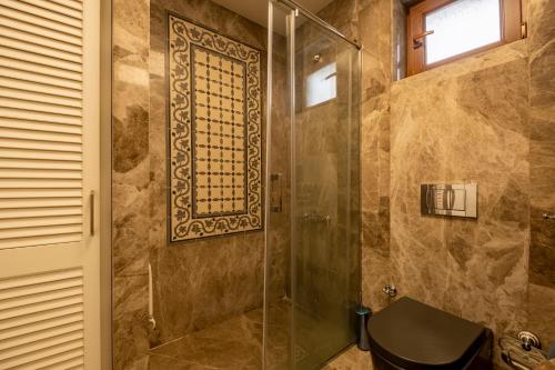 ein Bad mit einer Glasdusche und einem WC in der Unterkunft Modern Flat, 3BR, 1BA in Istanbul