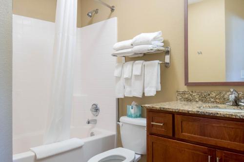 a bathroom with a toilet and a sink and a shower at Western Slope Suites Parachute in Parachute