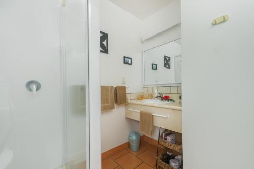 a bathroom with a sink and a mirror at The Cooks Oasis in Rarotonga