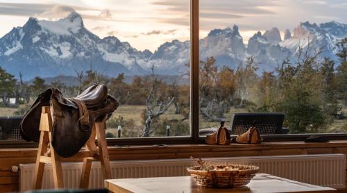 a chair with a shoe sitting on it in front of a window at Pampa Lodge, Quincho & Caballos in Torres del Paine