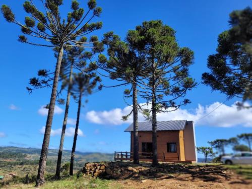 uma pequena casa no topo de uma colina com árvores em Cerro Leão Estância- chalé em Bom Jardim da Serra