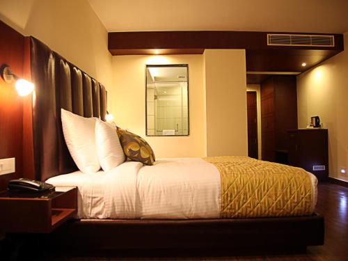 a hotel room with a bed and a mirror at Hotel Cama in Chandīgarh