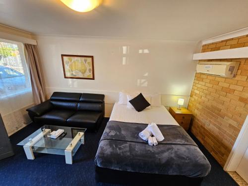 a hotel room with a bed and a couch at Hunter Valley Motel in Cessnock