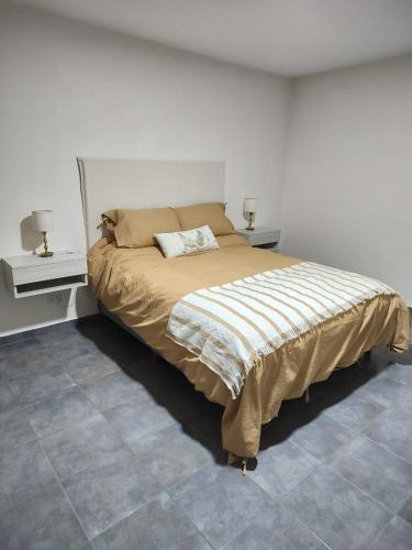 a bedroom with a bed with two night stands and two lamps at Duplex Del Valle in San Fernando del Valle de Catamarca