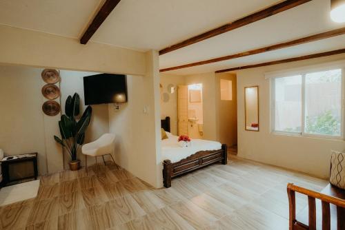 Zimmer mit einem Bett, einem Fenster und einem TV in der Unterkunft Homey Vacation in Willemstad