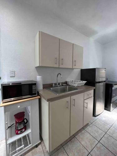 a kitchen with a sink and a microwave at Mi casa El Rincón in Juana Diaz