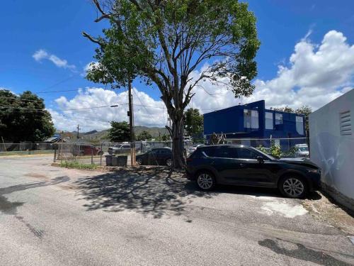 a black car parked next to a tree at Mi casa El Rincón in Juana Diaz