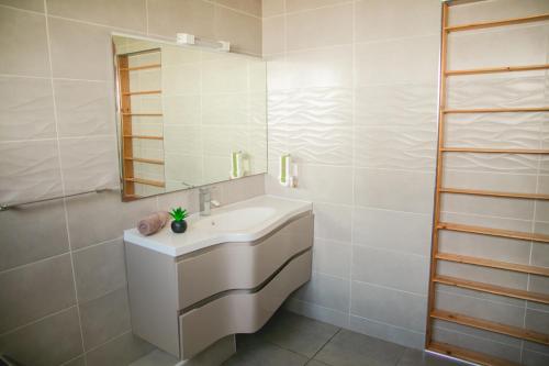 uma casa de banho com um lavatório branco e um espelho. em Villa Le Colonial Zen - T4 à 5 mn Aéroport em Sainte-Marie