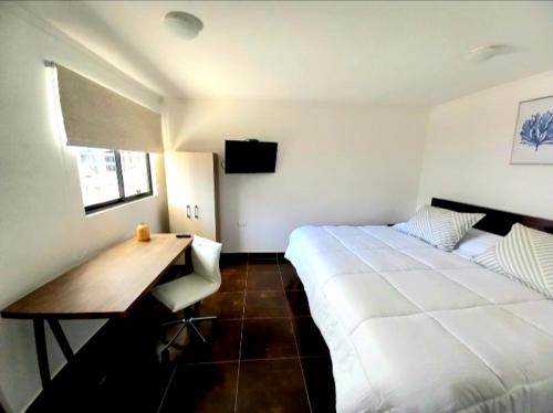 1 dormitorio con 1 cama blanca grande y escritorio en Hostal Tabancura, en Copiapó