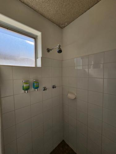 a bathroom with a shower with a window at Hunter Valley Motel in Cessnock