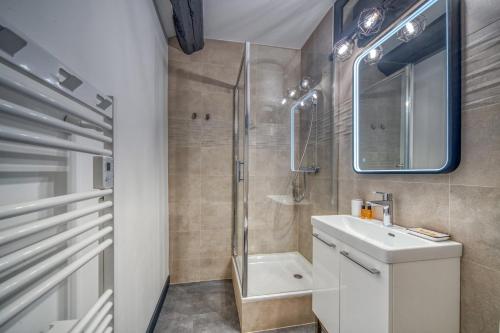 uma casa de banho com um lavatório e um chuveiro em Le Strasbourg - Centre ville - Climatisation em Grenoble