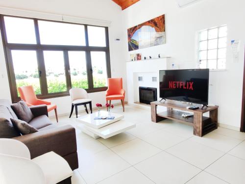 a living room with a couch and a tv at Ayia Napa Villa with private pool in Ayia Napa