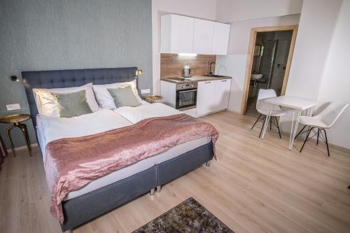 a bedroom with a large bed and a kitchen at Boutique Apartments Old Town in České Budějovice