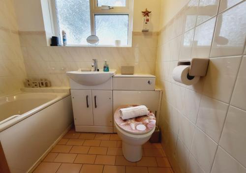 a bathroom with a toilet and a sink at Gowerhaven in Knelston