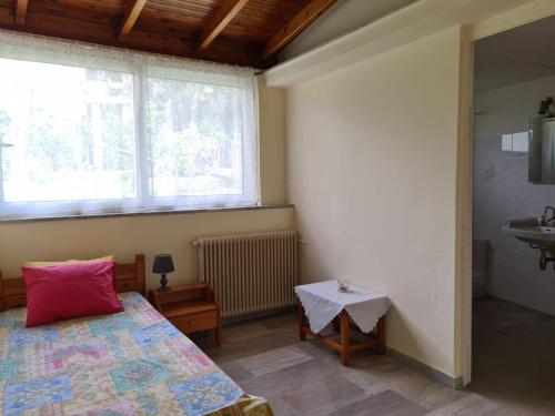 1 dormitorio con cama, lavabo y ventana en Billy's Apartment en Ligourio