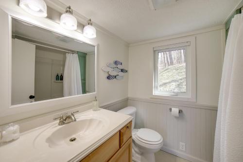 een badkamer met een wastafel, een toilet en een spiegel bij Big Pine Island Lake Cottage with Boat Dock and Kayaks in Belding