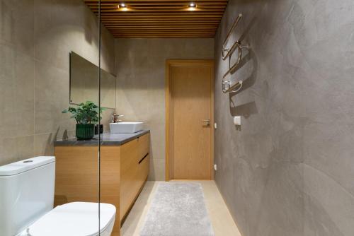 uma casa de banho com um WC e um lavatório em Tamula Lake View Apartment em Võru