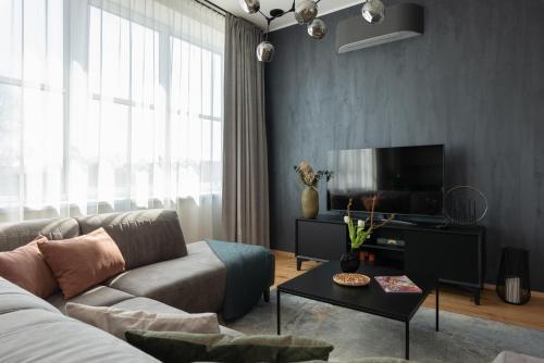 a living room with a couch and a tv at Tamula Sauna Apartment 54 in Võru