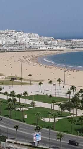 Mont Blanc :Appartement, vue sur mer à 2 minutes de la gare. في طنجة: اطلالة على شاطئ فيه نخل وطريق