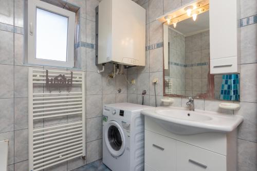een badkamer met een wasmachine en een wastafel bij Apartment Valbandon 7352a in Fažana