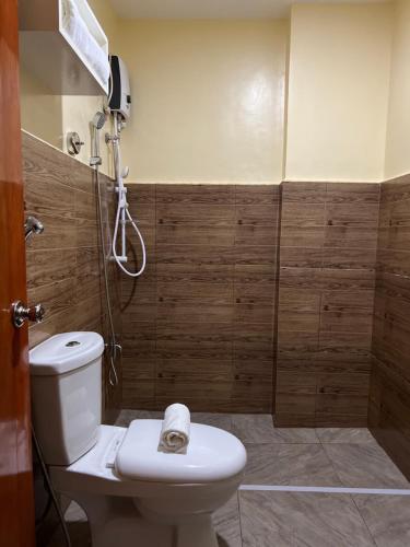 a bathroom with a toilet and a shower at Rufana Suites in Moalboal