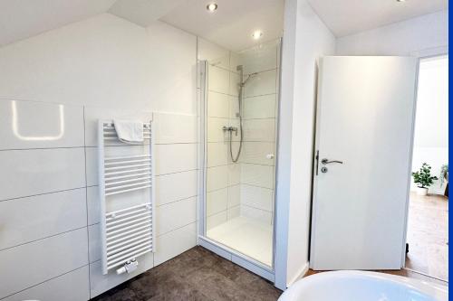 een badkamer met een douche en een wastafel bij Suite-Apartment zentral in Krefeld mit hohen Decken in Krefeld