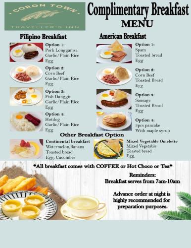 een menu voor het aanvullende ontbijtmenu bij Coron Town Traveller's Dormitory in San Nicolas